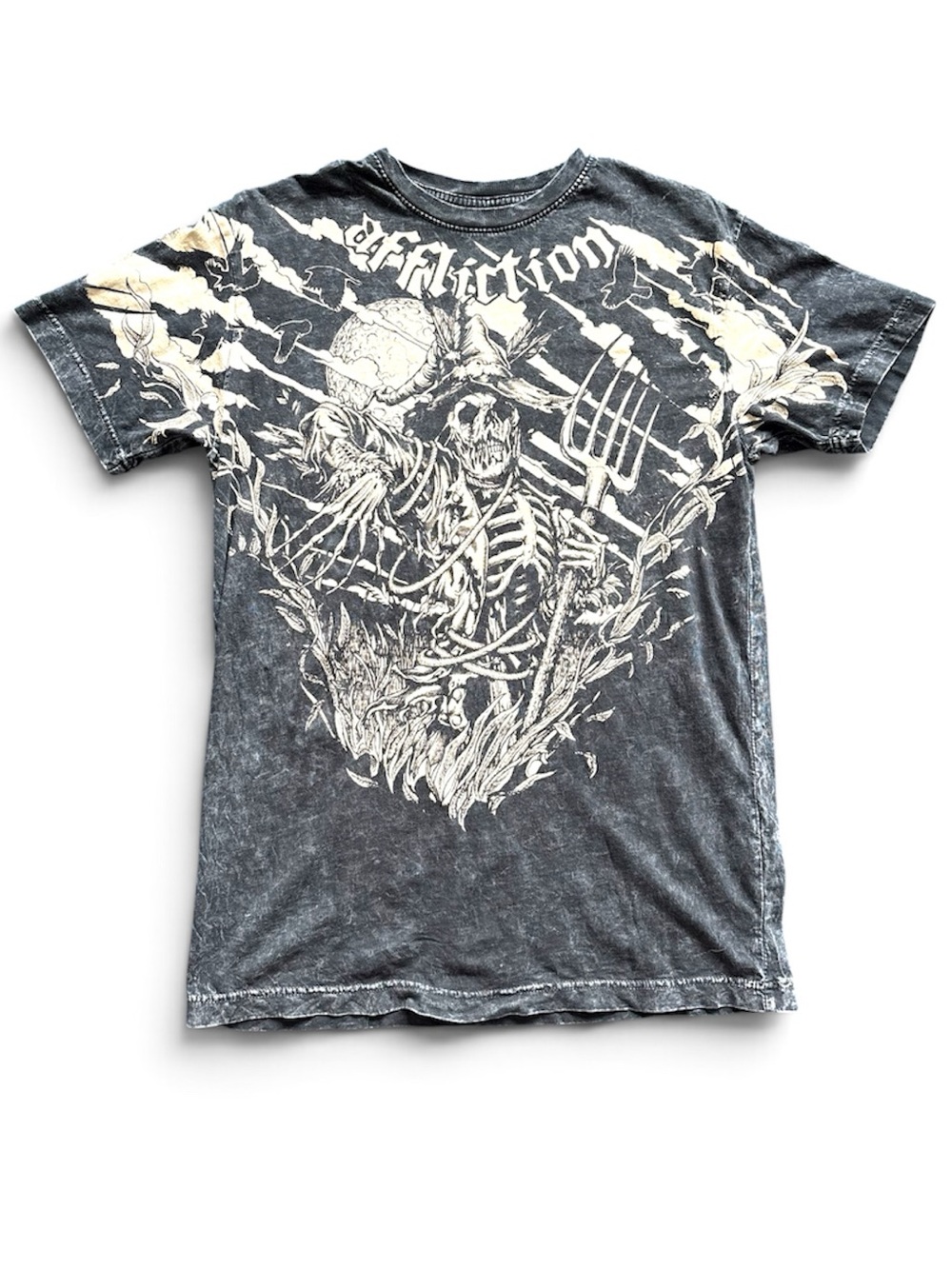 Men’s Medium Affliction Acid Wash Skelton Scarecrow Graphic Short Sleeve Tee